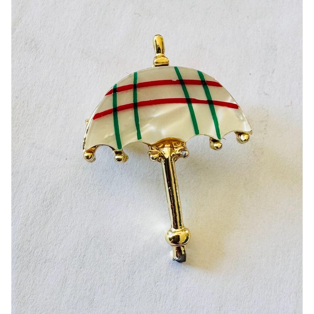 Vintage Umbrella Brooch, Whimsical Rainy Day Pin, Plaid Enamel with gift box